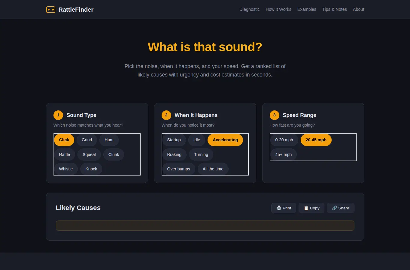 Screenshot of RattleFinder: Car Noise Diagnostic Tree interface showing the project page in use